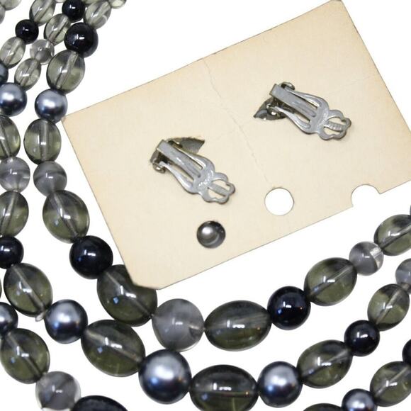 Vintage 4 Strand Silver Grey Bead Necklace ClipOn Earring Set Original Box Japan - Picture 3 of 7